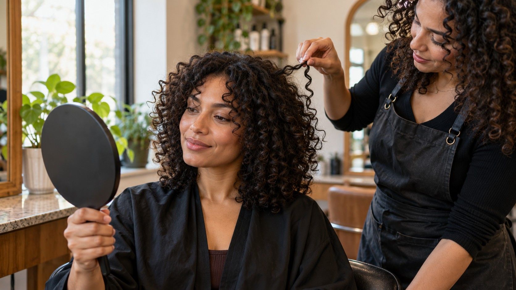 Natural curls shown from the front and side for a haircut consultation