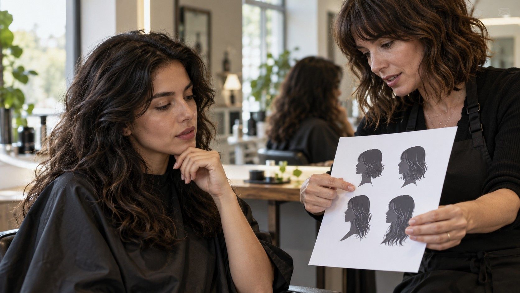 Woman reviewing suggested haircut ideas on a phone