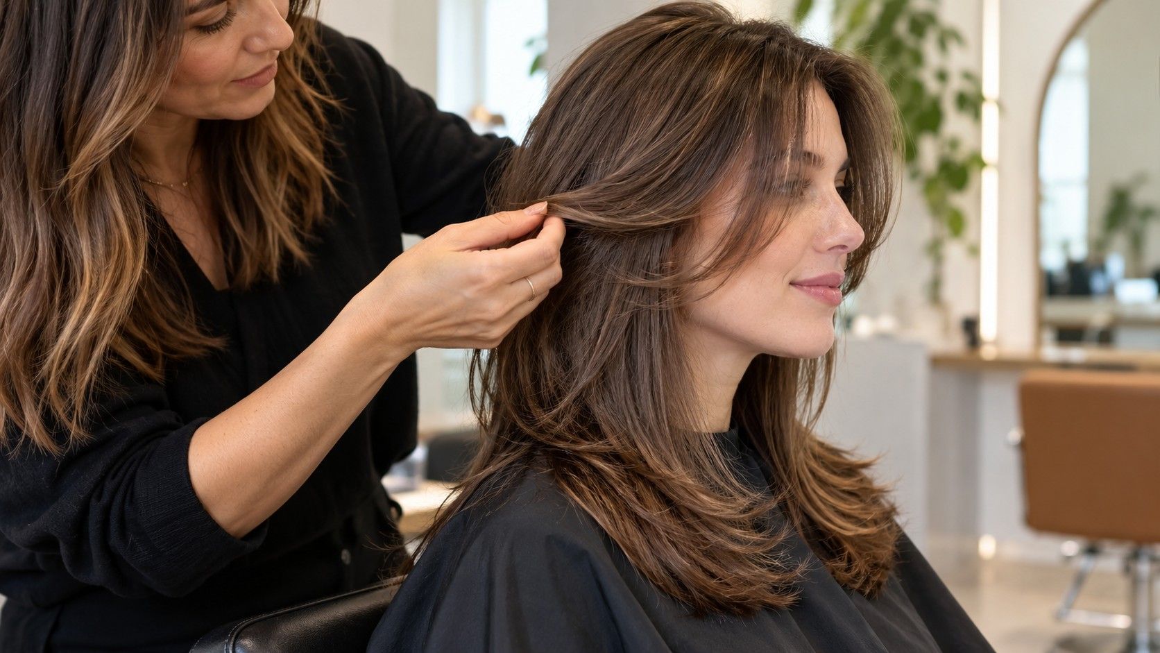 A layered haircut preview showing face-framing pieces and the overall hair length